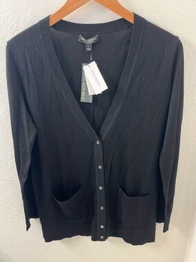 Banana Republic 100% Merino Wool Black V-Neck Button-Front Long Cardigan